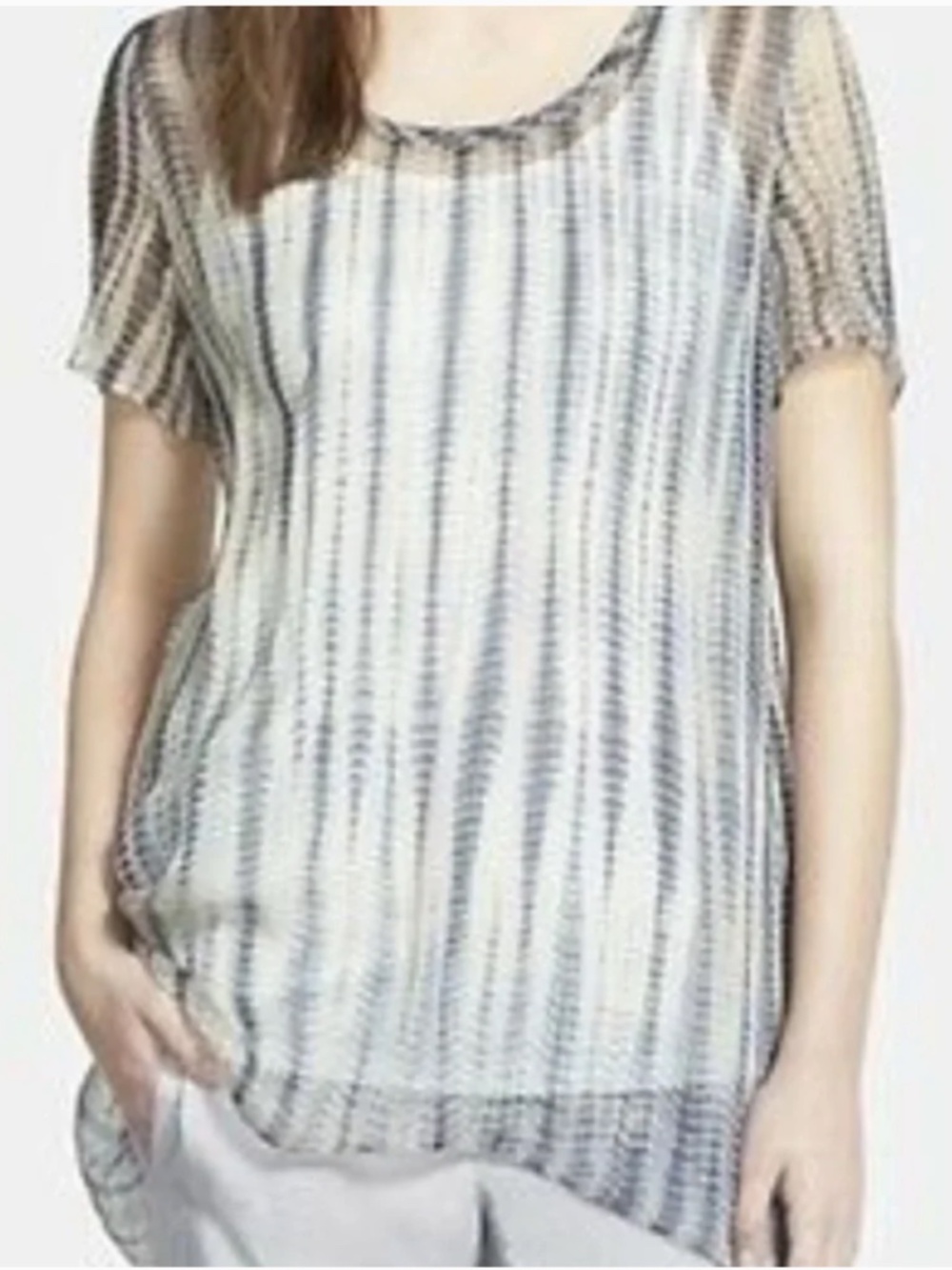 Eileen Fisher Shibori Graphite Sheer 100% Silk Top Short Sleeve • XS